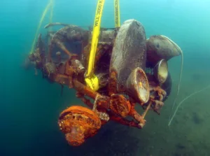 After decades underwater, the Bugatti was severely damaged and corroded, but two of the tires were still inflated.